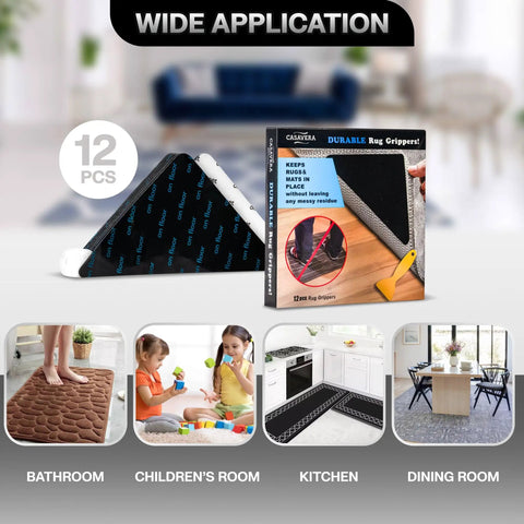 Image showing No Slip Rug Grippers 12 Pack Triangle Design Heavy Duty Double Sided Tape For Area Rugs On Hardwood And Tile Floors.