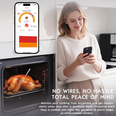 Bluetooth Wireless Meat Thermometer With Dual Probes And LCD Screen Instant Read in oven with roasted chicken