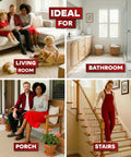 Collage of rooms ideal for Heavy Duty Double Sided Carpet Tape: living room, bathroom, porch, stairs, highlighting versatility.