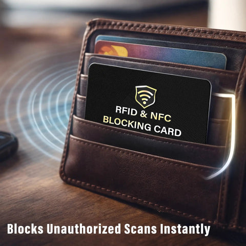 Five Pack RFID Blocking Cards For Wallets And Purses Protect NFC Contactless Debit And Credit Cards Bank IDs And ATM Cards From E Theft And Skimming displayed in wallet
