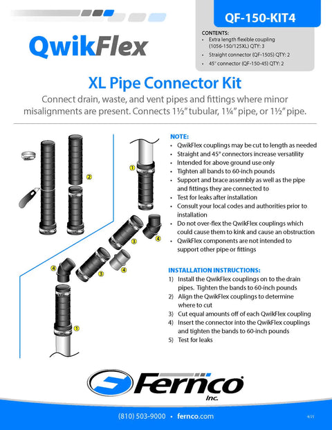QwikFlex 36 Inch Flexible Pipe Connector Kit for offset or hard to reach 1-1/2 inch SCH40 PVC DWV connections diagram