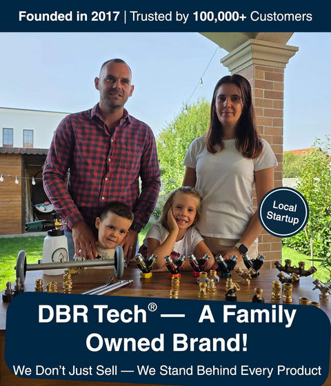 Family with children showcasing brass garden hose shut off valves on table, Founded in 2017, Trusted by 100,000+ customers.