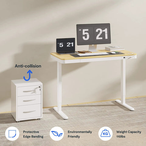 Electric Height Adjustable Standing Desk With USB Charging Port And Drawers, 48 Inch Maple Top White Frame, office setup with computers.