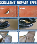 Before and after repair images using Leather Repair Glue Cement With Brush for leather and shoes, showcasing flexible adhesive effect.
