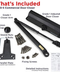 Heavy Duty Commercial Door Closer Built Like a Tank for High Traffic Spaces with Ada Compliant UL Grade One Rating parts and installation tools.