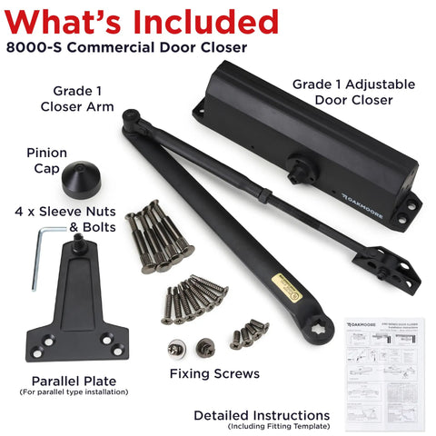 Heavy Duty Commercial Door Closer Built Like a Tank for High Traffic Spaces with Ada Compliant UL Grade One Rating parts and installation tools.