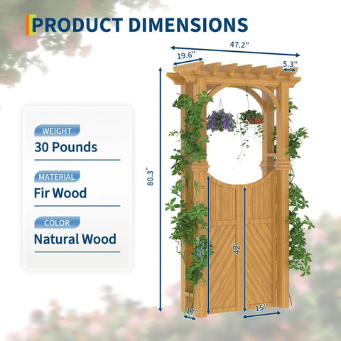 Wooden Garden Arbor With Gate And Trellis For Climbing Plants And Plant Stand Outdoor Arch Trellis Yard Decor Perfect For A Chill And Welcoming Backyard Entryway Easy Install, dimensions 47.2 by 19.6 by 80.3 inches, made of natural fir wood.