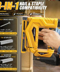 Cordless 3 In 1 Brad Nailer And Narrow Crown Stapler Compatible With Dewalt 20V Battery Platform shown in use for woodworking.
