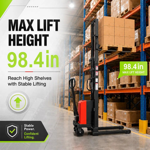 Heavy Duty 3500 Lbs Full Electric Pallet Stacker With Massive 98 Inch Lift Height For High Shelves And Powerful Walkie Control System in a warehouse.