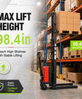 Heavy Duty 3500 Lbs Electric Pallet Stacker with a max lift height of 98.4 inches, ideal for high shelf stacking in warehouses.