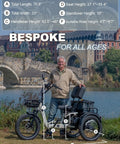 Full Suspension Folding Electric Tricycle For Adults With 1200W 48V 20Ah Power, 20 MPH Top Speed, 100 Mile Range, 20x3 Fat Tires, Reverse, Parking, Differential, White, Premium Seat And Rear Storage Box For A Beast Ride. Man standing beside white trike with size measurements