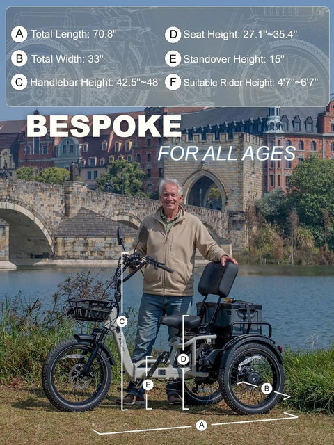 Full Suspension Folding Electric Tricycle For Adults With 1200W 48V 20Ah Power, 20 MPH Top Speed, 100 Mile Range, 20x3 Fat Tires, Reverse, Parking, Differential, White, Premium Seat And Rear Storage Box For A Beast Ride. Man standing beside white trike with size measurements