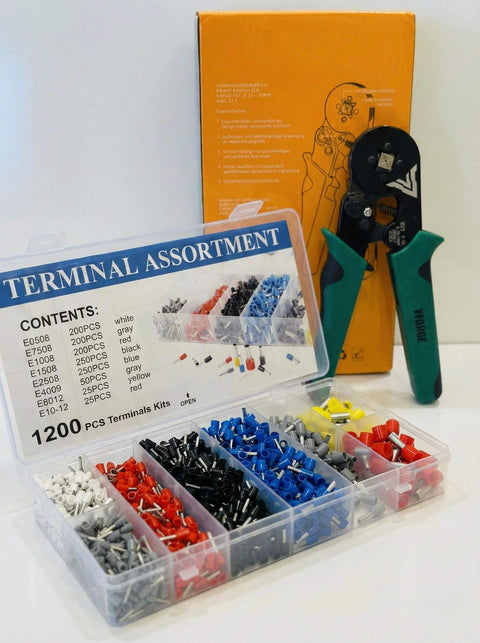 Self-Adjusting Ferrule Crimping Tool Kit With 1200 Wire Connectors For AWG 23 To 7, shown with color-coded ferrule box and plier.