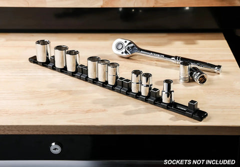 Aluminum Socket Rail Organizer For Quarter Inch Drives Three Eighths Inch Drives And Half Inch Drives Holds Up To Sixteen Sockets