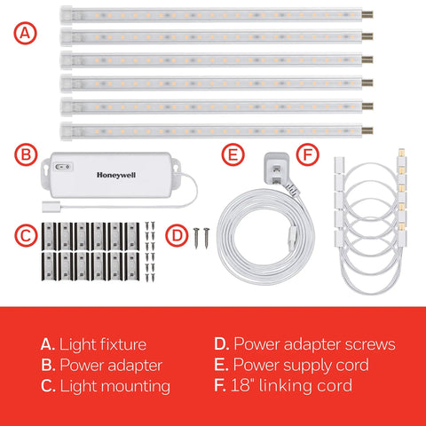 10 Inch Linkable LED Bright Strips, 6 Pack, 1650 Lumens, 2700K Warm White with power adapter and linking cord