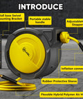 Heavy Duty Retractable Air Hose Reel With Auto Rewind And Full Pivot Swivel Wall Mount For Garage Crew Or Diy Pros Featuring Eighty Foot Three Eighth Inch Hybrid Line With Six Point Five Foot Lead In Tube Handling Three Hundred Psi No Fuss with swivel mounting bracket and inflation connector.