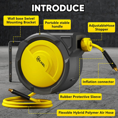 Heavy Duty Retractable Air Hose Reel With Auto Rewind And Full Pivot Swivel Wall Mount For Garage Crew Or Diy Pros Featuring Eighty Foot Three Eighth Inch Hybrid Line With Six Point Five Foot Lead In Tube Handling Three Hundred Psi No Fuss with swivel mounting bracket and inflation connector.