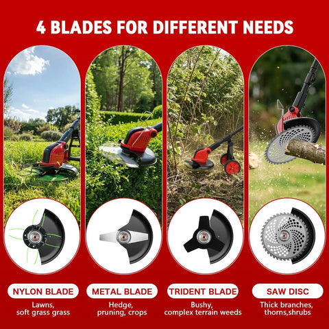 4 blades of Beast Workhorse 20000 RPM Cordless Weed Wacker With Wheel 6000mAh Battery 4 In 1 Brush Cutter String Trimmer