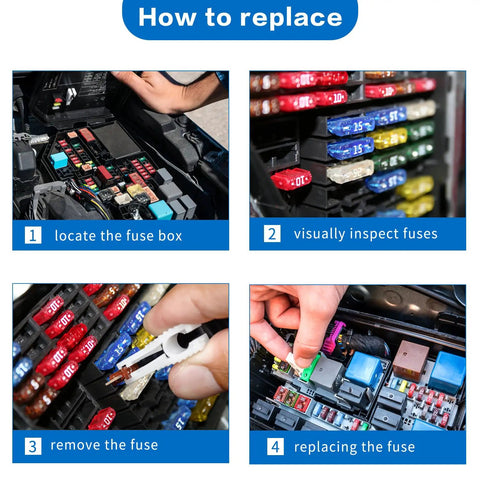 Steps to replace fuses in Dodge Ram Micro Fuse Kit With 5A 10A 15A 20A 25A 30A Fuse Assortment for vehicles.