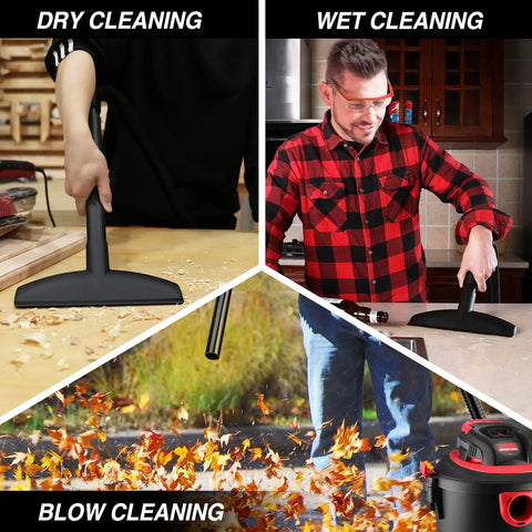 3-in-1 functionality of the 5 Gallon Wet Dry Vacuum With 2.0 Peak HP Power, showing dry, wet, and blow cleaning operations
