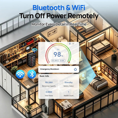 Home energy management with 48V 100Ah LiFePO4 Battery With Bluetooth For Solar Storage And Home Backup Power display