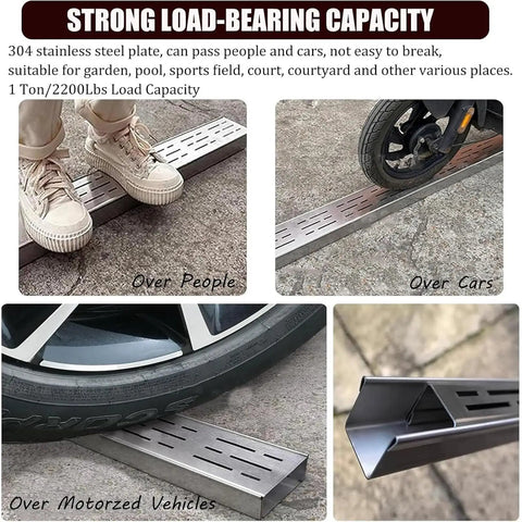 Outdoor Trench Drainage Kit For Pathways And Lawns Hidden Driveway And Courtyard Drainage System Fast Water Management With Perforated French Design Heavy Duty Concrete Trench Kit No More Puddles And Surfaces Safe with stainless steel plate supporting car and foot traffic.