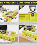 Instructional steps using Door Hinge Router Template Kit With Clamps And Mortise Jig For Quick Ninety Degree Hinge Mounting, close-up