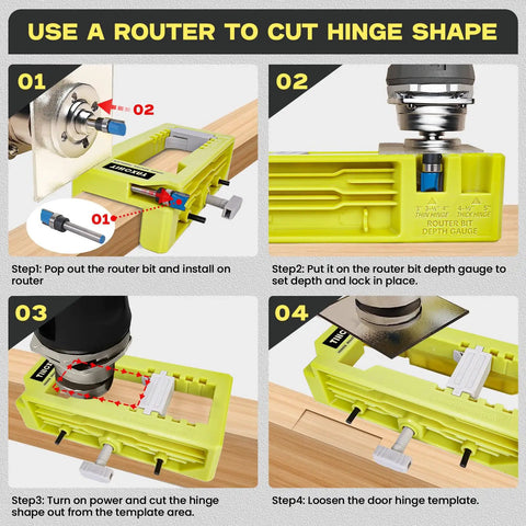 Instructional steps using Door Hinge Router Template Kit With Clamps And Mortise Jig For Quick Ninety Degree Hinge Mounting, close-up