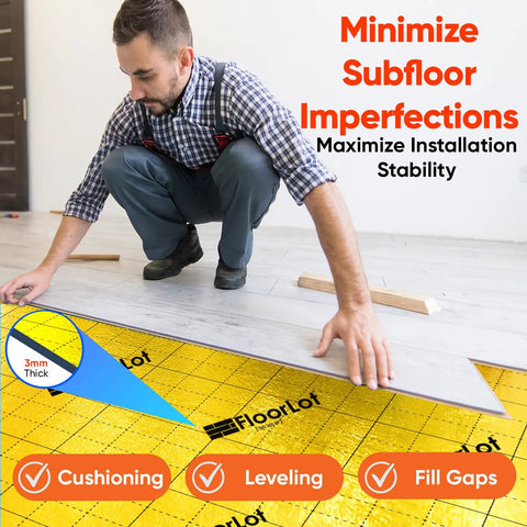 Man installing Top Tier Floor Underlayment Roll Covers 200 Sq Ft Of Laminate And Hardwood With Built In Moisture Seal and Noise Control.