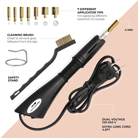Hotfix Rhinestone Bedazzler Kit with 7 tip sizes, cleaning brush, safety stand, long cord, dual voltage for crafting accessories.