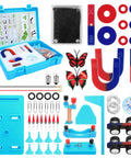 Magnet Set For Kids With Bar Magnets, Horseshoe Magnets, U Shaped Magnets, Iron Filings, And Compass in open storage case