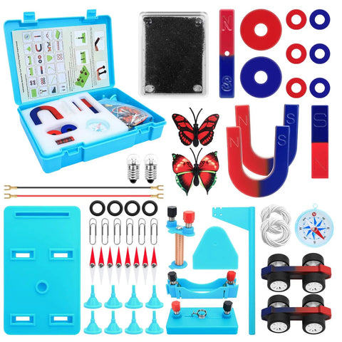 Magnet Set For Kids With Bar Magnets, Horseshoe Magnets, U Shaped Magnets, Iron Filings, And Compass in open storage case