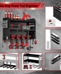 Heavy Duty Power Tool Organizer Wall Mount With 3 Layer Garage Storage Rack And Drill Holder, Metal Steel Utility Rack For Cordless Tools, Screwdrivers And Hooks, Perfect Gift For Men And DIY Enthusiasts installed with tools showcased.