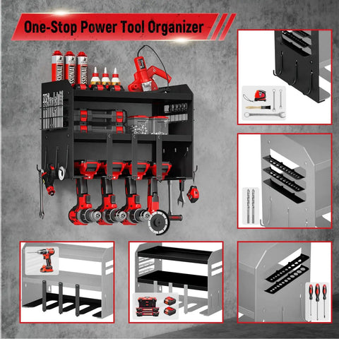 Heavy Duty Power Tool Organizer Wall Mount With 3 Layer Garage Storage Rack And Drill Holder, Metal Steel Utility Rack For Cordless Tools, Screwdrivers And Hooks, Perfect Gift For Men And DIY Enthusiasts installed with tools showcased.