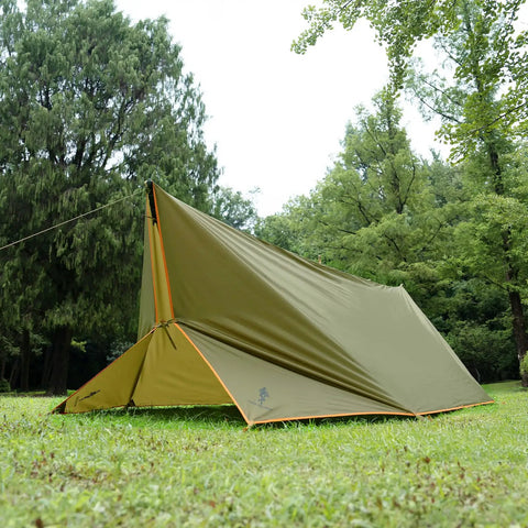 Waterproof 10x10.5 Ft Tarp Shelter For Camping And Backpacking Ripstop 210T Canopy in a wooded campsite setup