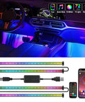 Lit Dream Color RGB-IC USB Interior LED Light Strips 12V DC Multicolor Footwell Under-Dash Kit highlighting car interior with phone app.