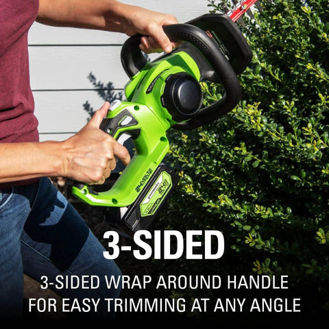 Person using 24V Cordless 22 Inch Laser Cut Hedge Trimmer Tool Only With Dual Action Steel Blades on hedge