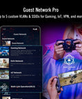 Tri Band WiFi 7 AI Gaming Router With 320 MHz Bandwidth And 4096 QAM Dual 10G Ports AI Game Boost Aura RGB AiMesh Support Guest Network Pro feature showcased on smartphone.