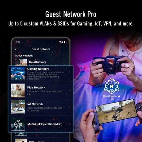 Tri Band WiFi 7 AI Gaming Router With 320 MHz Bandwidth And 4096 QAM Dual 10G Ports AI Game Boost Aura RGB AiMesh Support Guest Network Pro feature showcased on smartphone.