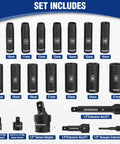 Beefy Half Inch Drive Deep Impact Socket Set, 6-Point Cr-V Steel Metric 10mm-27mm with extensions and adapters