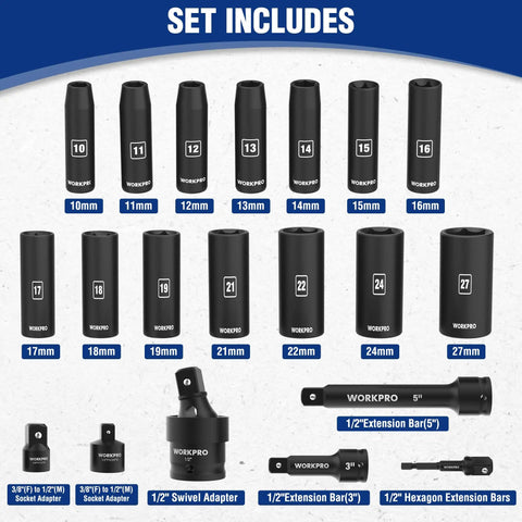 Beefy Half Inch Drive Deep Impact Socket Set, 6-Point Cr-V Steel Metric 10mm-27mm with extensions and adapters