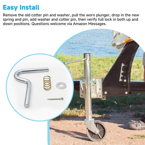 Heavy Duty Swivel Handle Plunger Pin Kit For S Mount Trailer Jacks assembly showing zinc plated steel pin and components for installation.