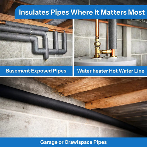 12 Pack Foam Insulated Pipe Covers, 3 Feet Long Each, Pre-Slit For Quick Easy Install On Copper One-Half Inch; pipes in use
