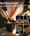 Person using 4-in-1 seed sower in All In One Veg Garden Tool Set With Serrated Stainless Steel Shears Four In One Seed Sower Rust Resistant Trowel Cultivator Weeder And L XL Garden Gloves For Easy Planting And Harvesting, demonstrating seed handling, measuring, digging, and spacing.