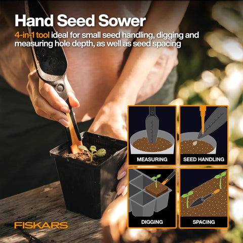 Person using 4-in-1 seed sower in All In One Veg Garden Tool Set With Serrated Stainless Steel Shears Four In One Seed Sower Rust Resistant Trowel Cultivator Weeder And L XL Garden Gloves For Easy Planting And Harvesting, demonstrating seed handling, measuring, digging, and spacing.