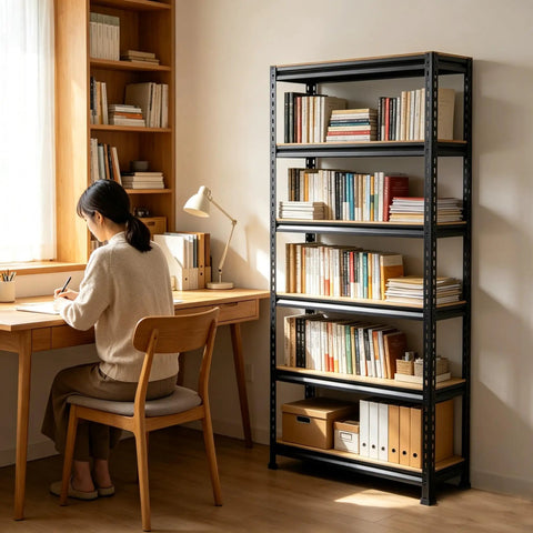 Five Tier Boltless Steel Storage Shelving Unit With MDF Boards Beefy Heavy Duty Garage Rack in home office setting