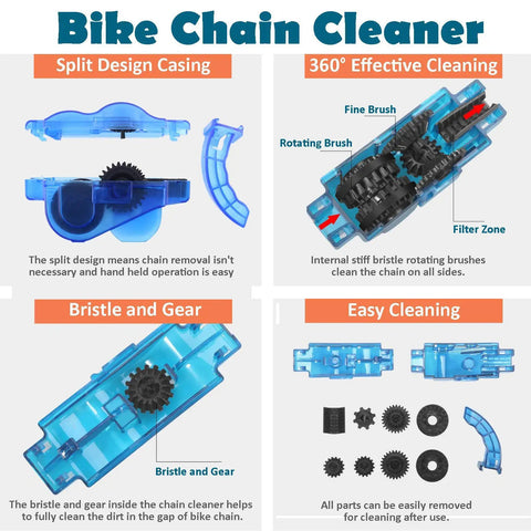 All In One Bike Chain Cleaner Kit With Four Pieces Pro Gear Cleaning Brushes Deep Clean Your Drivetrain. Diagram showing components and cleaning features.