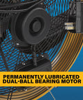 Close-up of Heavy Duty 18 Inch High Velocity Wall Mounted Shroud Fan Weatherproof IPX4 motor with dual-ball bearings.
