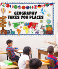 Classroom with Bulletin Board Set With World Map Cutout, Travel Theme Icons, 14 National Flags, teacher engaging with students