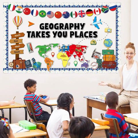 Classroom with Bulletin Board Set With World Map Cutout, Travel Theme Icons, 14 National Flags, teacher engaging with students